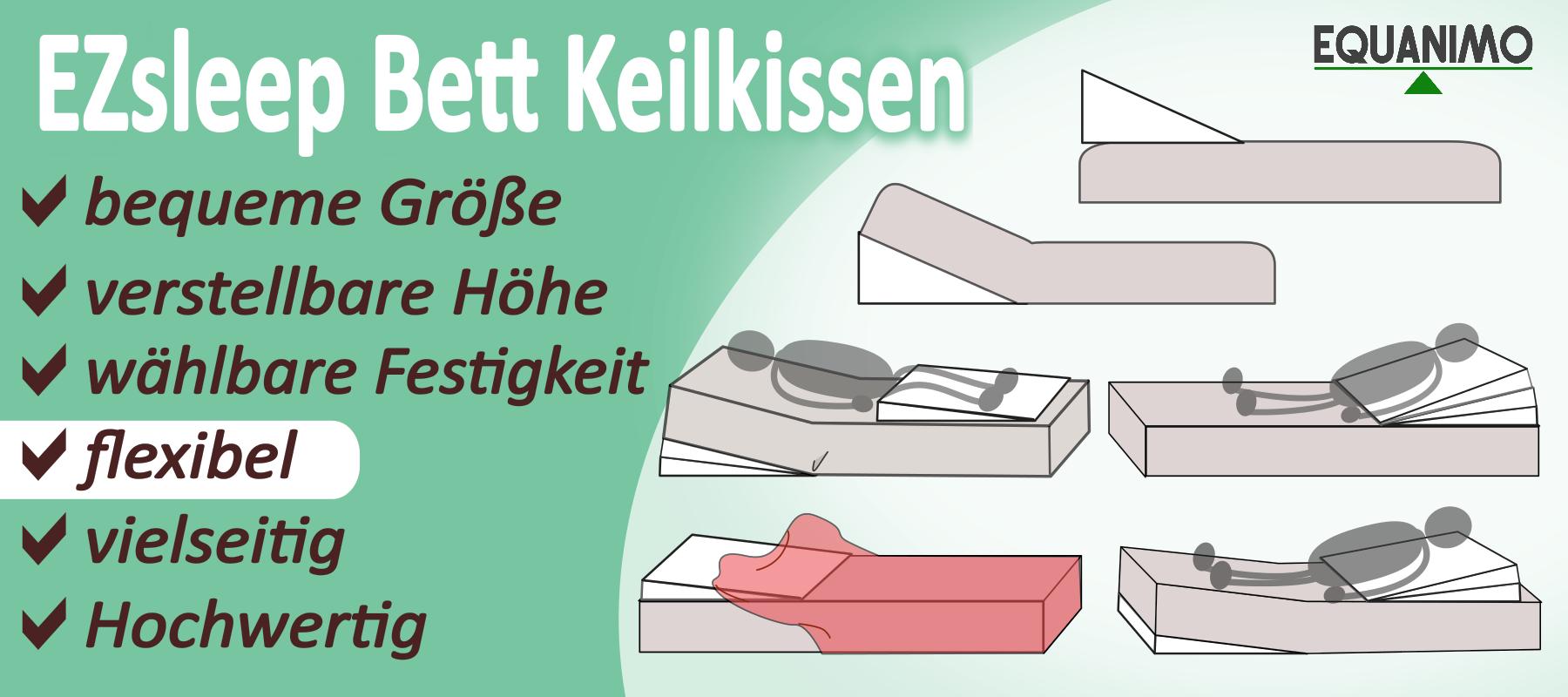 EZsleep Keilkissen ist flexibel: auf oder unter der Matratze, direkt unter dem Bettlaken, für den Körper oder die Beine