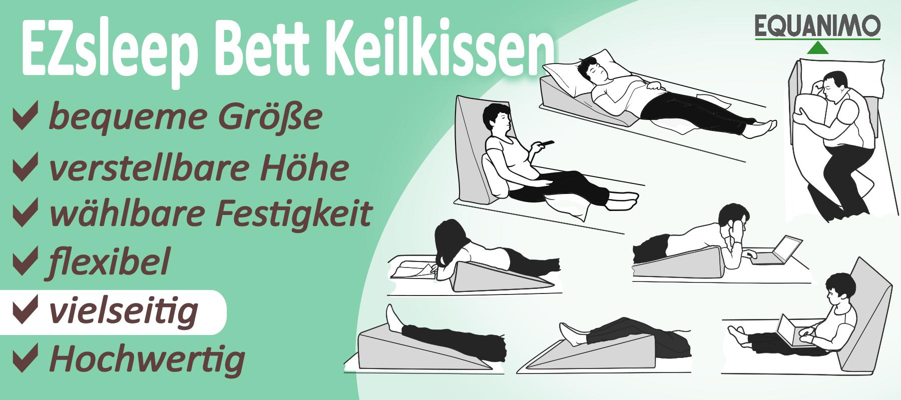 EZsleep Bettkeil ist vielseitig: zum Liegen, Sitzen, und Entspannen im Bett.